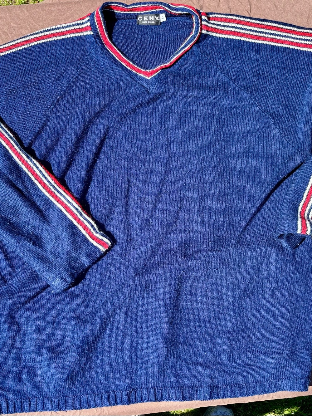 Navy V-Neck Stripe-Trim Men's Sweater